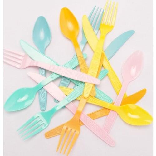 Multicolor Plastic Fork Spoon Knife Green Pink Yellow Disposable Tableware Birthday Wedding Party Decoration Supplies