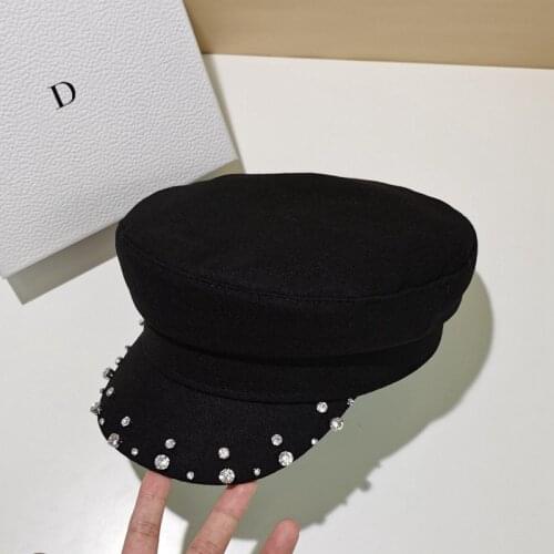 Fashion Wool Sailor Hats For Women Winter Military Hat Rhinestone Black Navy Cap Casual Ladies Internet Celebrities Beret Hat