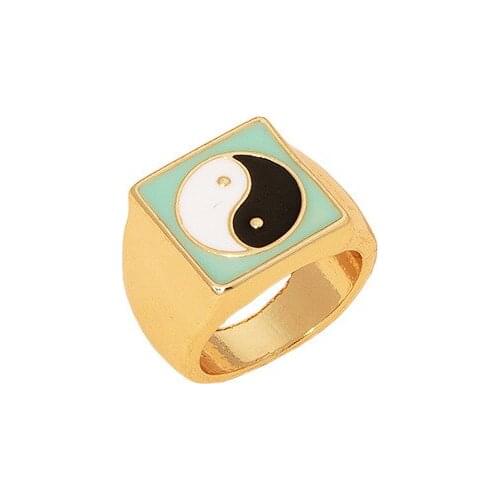 Ins Trendy Gold Chinese Yin Yang Black White Enamel Square Irregular Minimalism Finger Rings Korean Fashion Women Party Jewelry