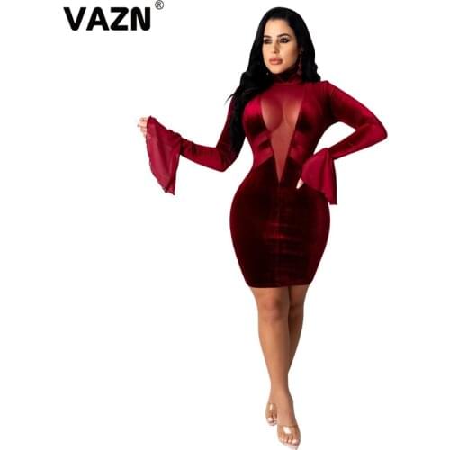 VAZN New 2021 Sexy Club Birthday Dress Transparent Pleated Chic Ladies Mini Dress Slim Elegant Female Dress Club Shinny Dress