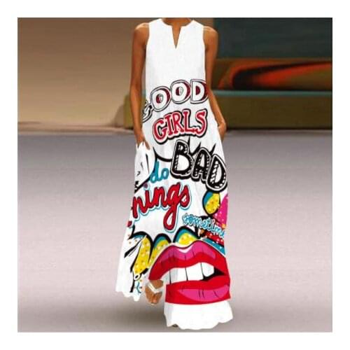 2021 Summer Womens Fashion Sexy Retro Print V-neck Sleeveless Long Dress with Pocket European Style Dress Plus Size Dresses 5XL