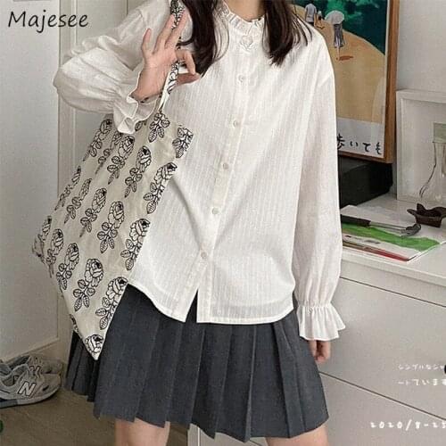 Shirts Women Solid White Stand Butterfly Sleeve Korean Style Kawaii Sweet Ladies Tops Harajuku Daily Loose Vintage Trendy Chic