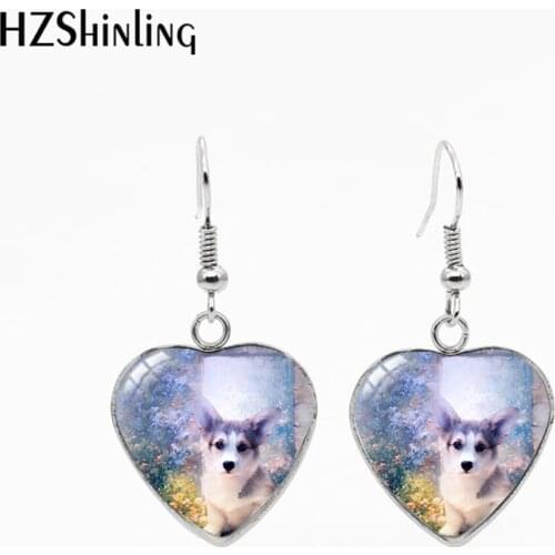 Corgi paintings Heart French Hook Earrings Stainless Steel Dangle Earrings Glass Handmade Craft Jewelry