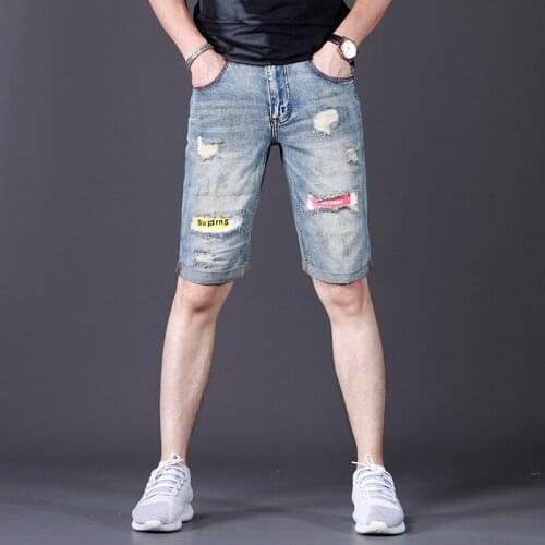 Summer New Mens Blue Short Jeans Fashion Casual Ripped Patch Straight Denim Shorts Male Streetwear Clothes