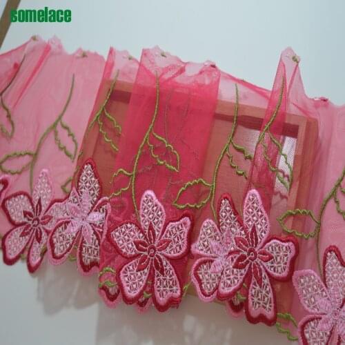 Somelace 20cm wide(2yds/lot)red gauze pink floral embroidery lace Hight quality lace fabrics embroidered lace18041409