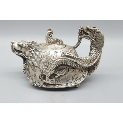 Antique Tibet Silver Statue Carved Dragon Turtle Teapot Kangxi kettle bronze Pot