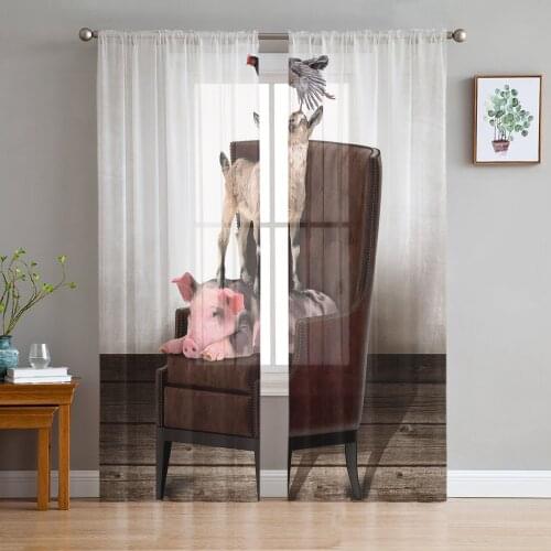 Pig Cow Chicken Sitting On Chair Tulle in Sheer Curtains for Living Room Bedroom Kitchen Window Treatment Chiffon Curtain Blinds