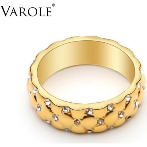 VAROLE Simple Lattice Pattern Rings For Women Gold Color Charm Ring with Crystal Fashion Jewelry Chic Anniversary Gift