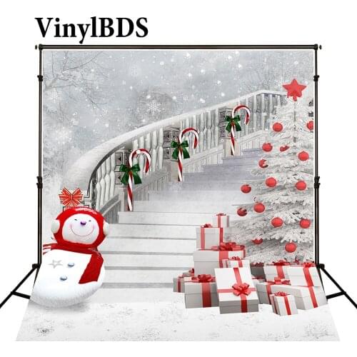 VinylBDS Christmas Backdrop White Snowman Snowflake Gift Box Backdrop for Children White Ladder Candy Cane Background for Studio