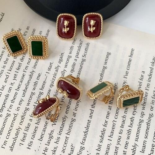 Vintage Wine Red Stone Rose Ear Clips Earrings Retro Drop Oil Green Stone Geometric Small Square Clip Earrings Without Piercing