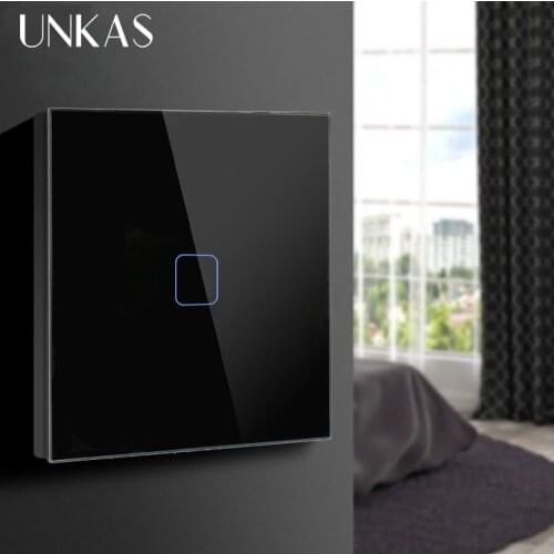 UNKAS EU/UK Standard Waterproof 1/2 Gang LED Light Touch Switch Sensor Wall Lamp Switch Tempered Glass Wall Lamp Switch