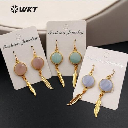 WT-E397 WKT lovely Natural Round Shape Stone Drop Earring With Full Fill Gold Color Plated Leaf Shape End For Women Earring