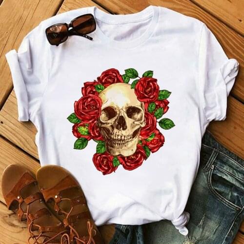 Summer Skull Flowers Aesthetic Art T Shirt Women Tshirt Punk Rock Clothes Knight Printed T-shirt Fitness Womens Clothing 2020