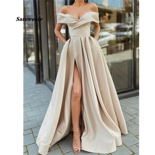 Off the Shoulder Champagne High Slit Long Prom Dresses V-neck Floor Length Arabic Evening Gowns robe de soiree