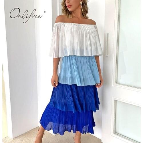 Ordifree 2021 Summer Women Off Shoulder Ruffle Dress Sexy Vintage Long Party Dress