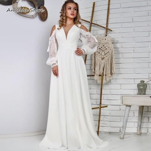 Bohemian White Chiffon Wedding Dress A Line Lace Full Sleeve Long Floor Length Bridal Gowns Low Back Plus Size Reception Wear