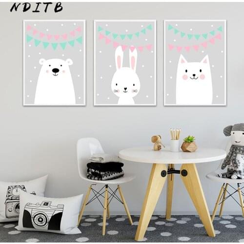 Animal Wall Art Canvas Painting Rabbit Cartoon Poster Nursery Print Minimalist Nordic Kids Decoration Picture Baby Bedroom Decor