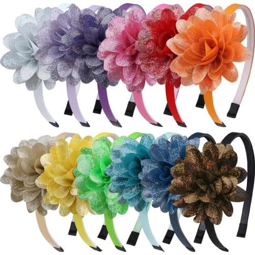 12pcs/set Girls Floral Hairband Children Spring Hair Accessories Laser Shiny Flower Layers Petal 3 Inch Bows with Headband