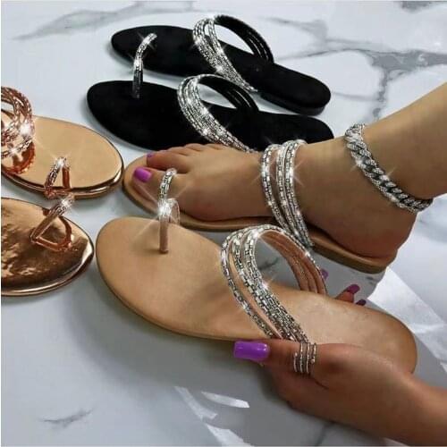 2021 Summer New Fashion Sexy Roman Rhinestone Womens Slippers Flip-Flops Outdoor Flat Beach Slippers