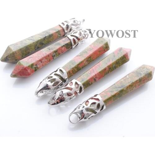 5Pcs Natural Unakite Jaspers Stone Long Wand Point Dangle Pendant Hexagon Healing Chakra Reiki Jewelry Popular fashion QN3001