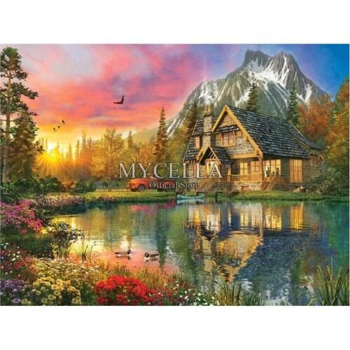 5D Diy Diamond Painting Landscape Cabins Diamond Mosaic Cross Diamond Embroidery Lakes & Rivers Sunrise Rhinestone Home Decor