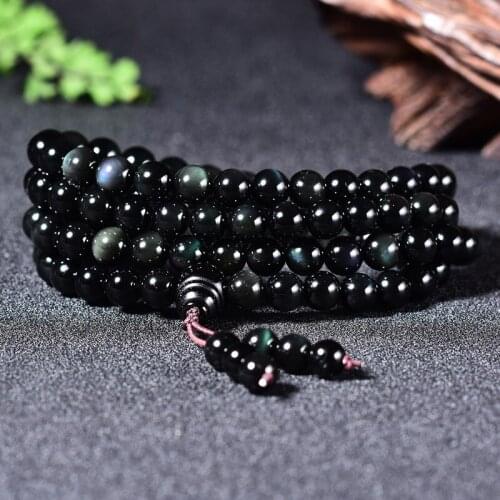Natural Obsidian Bracelet 108 Rosary Sweater Chain Men And Women Multi-Circle Four-Circle Buddhist Beads Bracelet Jewelry