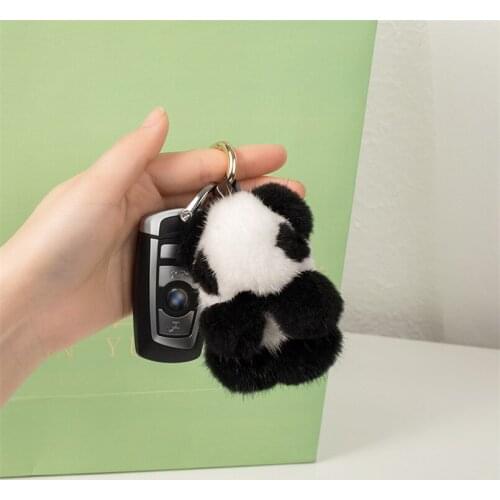 Real Mink Fur Panda Keychains for Women Furry Soft luxury Gift Car Key Ring Handbag Pendant Wholesale Price