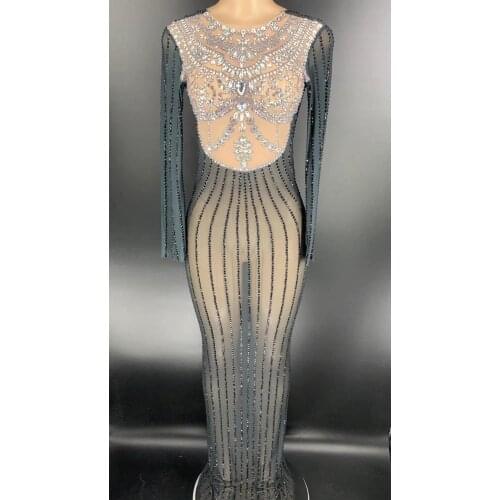 New Crystal Black Mesh Perspective Long Dress Evening Prom Party Rhinestones Dresses Birthday Celebrate Outfit Stage Costume