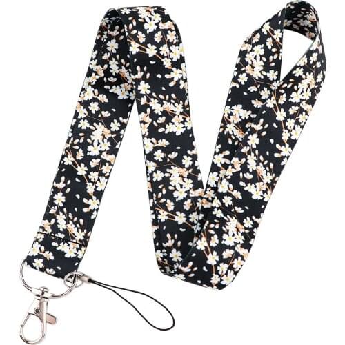 ER1042 Cherry Blossoms Black Neck Strap Lanyards ID Badge Card Holder Keychain Phone Gym Strap Webbing Necklace Gift