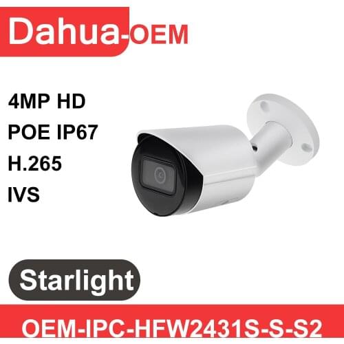 Dahua Starlight IP camera 4MP OEM HFW2431S-S 4MP POE SD Card H.265 IP67 IK10 IR Mini Bullet Camera IVS Network Camera