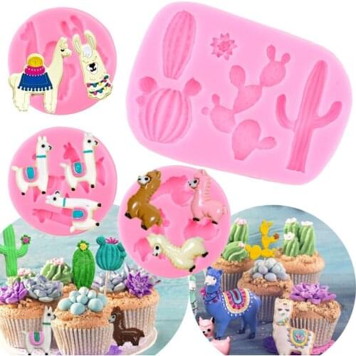 Alpaca Sheep Silicone Molds Cactus Cupcake Topper Fondant Mould Baby Birthday Cake Decorating Tools Candy Clay Chocolate Moulds