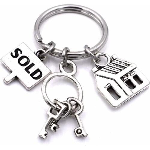 Creative Sold House Key Chain Keychain Antique Silver Color Metal Charms Keychains Real Estate Agent Keyholder Accessories Gift