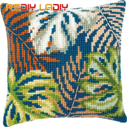 Cross Stitch Cushion Cover Tropical Leaves Pillow Case Pre-Printed Canvas Acrylic Thick Yarn Arts Cross-stitch Needlepoint Kits