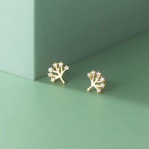 Trendy stud earrings for women silver 925 earring Tree shape inlay mini clear zircon earlobe pierce fine jewelry ear accessory