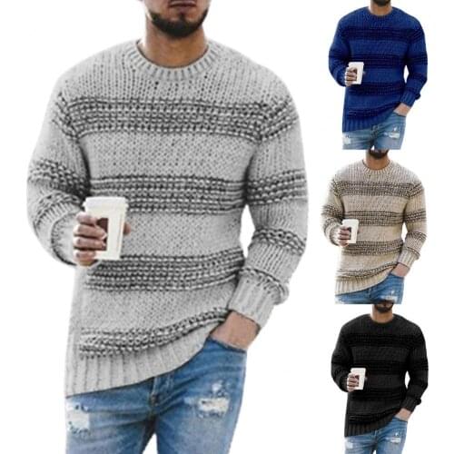 Men Sweater Warm Knitted Pullovers Long Sleeve Sweater Striped Print Casual O Neck Stretchy Knitted Pullover Sweater Streetwear