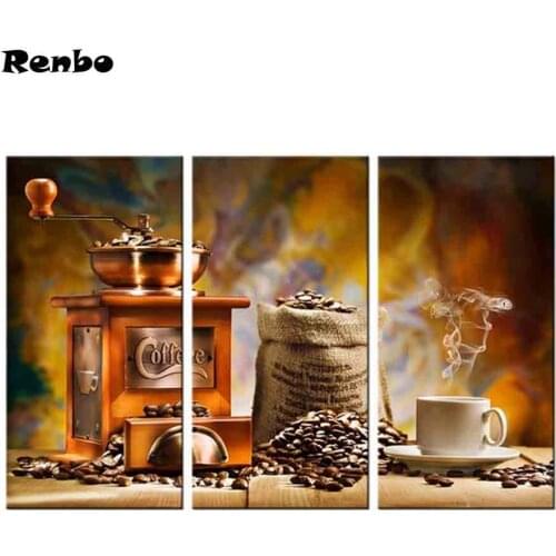 3pcs Diy Diamond Embroidery Coffee Grinder Machine Coffee Bean 5D Cross Stitch Diamond Painting for Living Room or Kitchen Decor