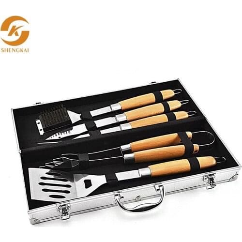 5-piece barbecue tool set, beech wood handle grill set, outdoor barbecue tool