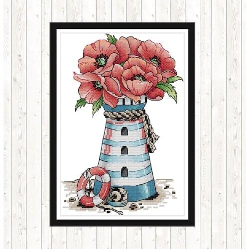 Flowers Lighthouse DIY Embroidery Needlework Sets Counted Dmc 14ct 11CT Cross Stitch Home Decor Cross Stitch Kits Needlepoint