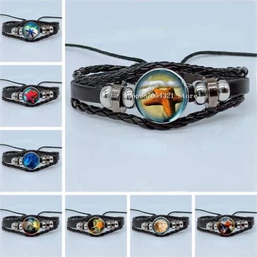 New "Ocean Dream" Bracelet Starfish Crystal Glass Bracelet Multilayer Woven Leather Bracelet Mens and Womens Jewelry