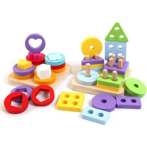 Montessori Educational Wooden Toys Geometric Shape Color Matching Building Block Toy Kids Early Education Montessori Toys