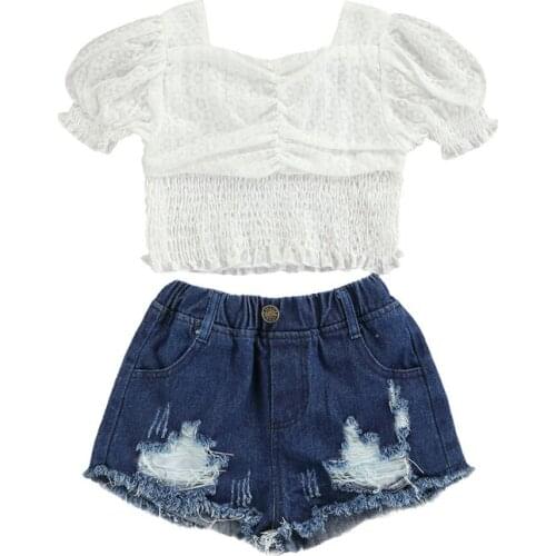 Little Girls Solid Color Clothes Set, Puff Sleeve Square Collar Stretchy Tops + Ripped Short Jeans with Button, 2-7Years
