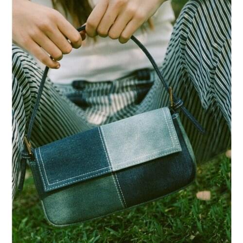 Denim Stitching Hit Color Shoulder Bag Underarm Bag Small Square Bag Retro European and American New Style High-Quality