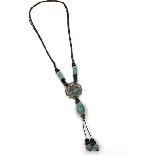Vintage Ethnic Colorful Ceramic beads pendant Necklace Adjustable Knotted Long pendant necklace for Women gift