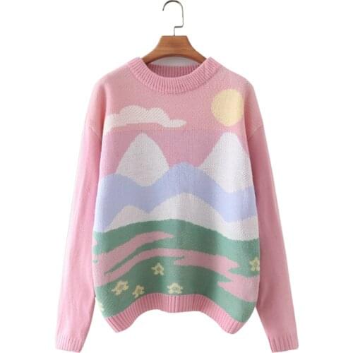 ZXQJ Women 2021 Fashion Foundation Landscape Pattern Knitted Sweater Vintage O Neck Long Sleeve Female Pullovers Chic Tops
