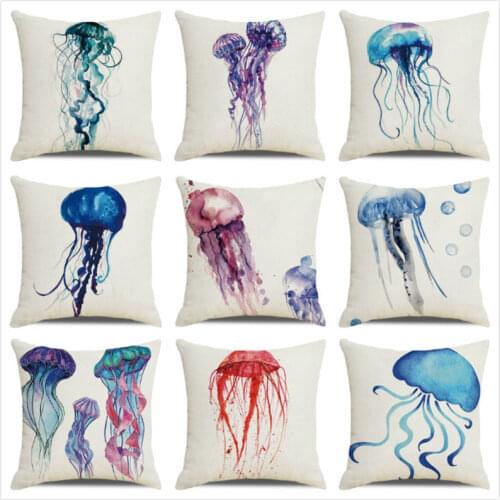 45cm*45cm Floating jellyfish in watercolor design Linen/Cotton Throw Pillow Covers Cushion Cover home Decor Pillowcase
