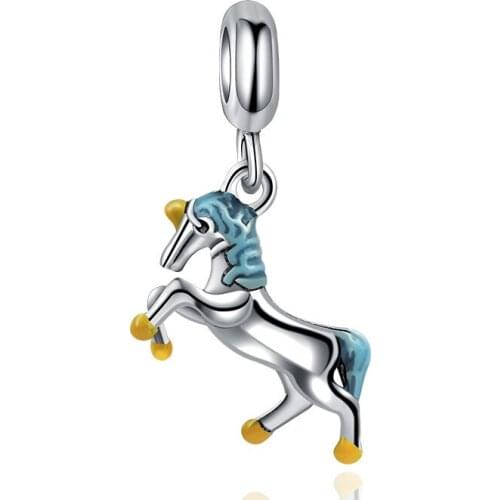 5PCS Fashion Jewelry Plated Pendant Blue Enamel Horse Animal Dangles Success Charm Fit DIY Handmade European Bracelet Wholesale