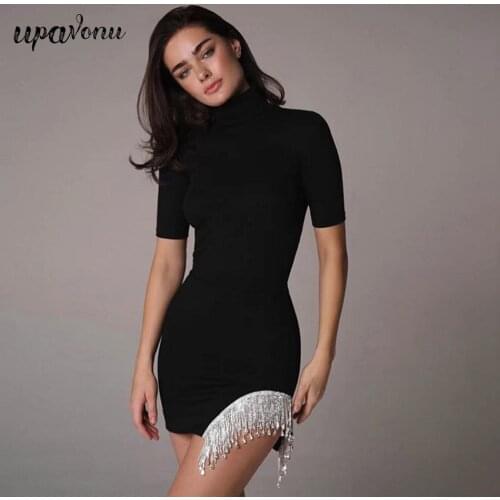 Free Shipping 2021 Summer Women Fringed Diamond Bandage Dress Black High Neck Short Sleeve Bodycon Mini Dress Club Party Vestido