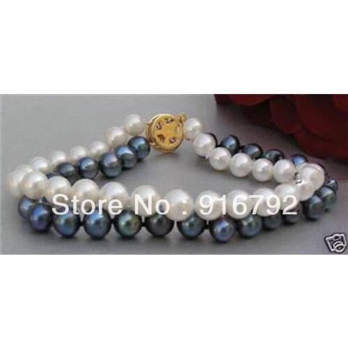Free P&P >>>>> pretty! 2row 7-8mm white&black cultured pearl bracelet 7.5"
