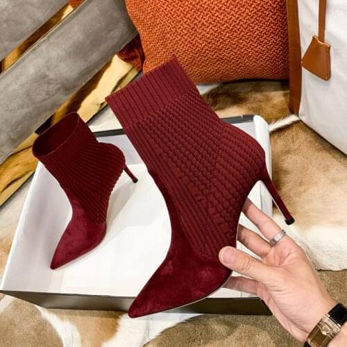 Sock Booties Elastic Fabric Burgundy Slip On Sexy Pointed Toe Women Dress Boots Thin High Heel Ankle Autumn Winter Boots