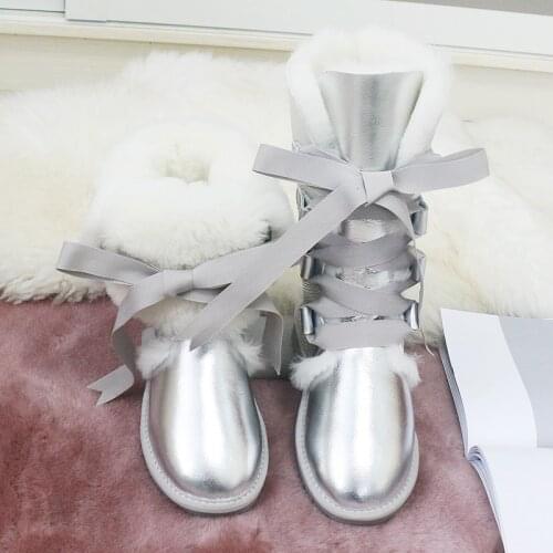 Fashion Lace Up Women Boots Natural Fur Winter Boots Non-slip Rubber Soles Genuine Sheepskin Leather Snow Boots Waterproof Shoes